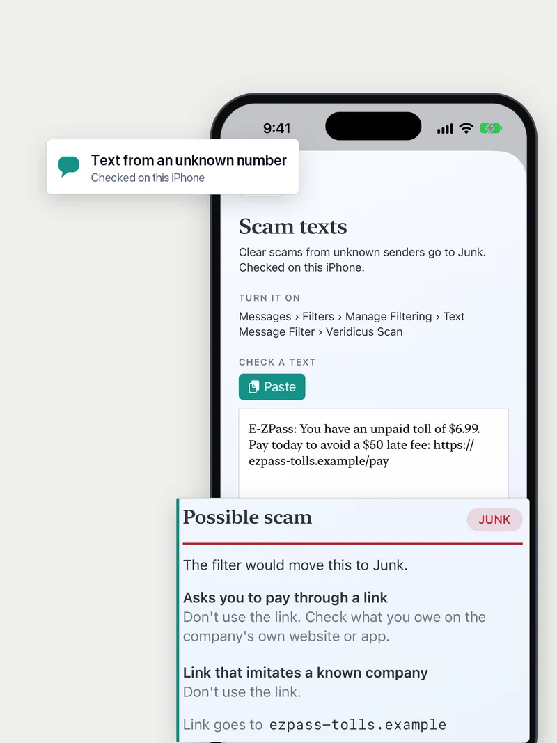 Veridicus Scan on iPhone marking an E-ZPass unpaid toll text as Possible scam, Junk, because it asks for payment through a link that imitates a known company